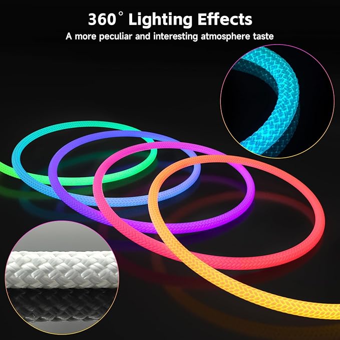LED Rope Lights, 13.1ft Neon LED Lights Strip with 360 Degree Luminous, 5V USB Flexible IP67 Waterproof Music Sync Remote APP Control Gaming Lights Accessories for Bedroom Outdoor Décor