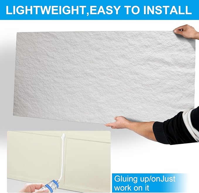 KASARO PU 3D Faux Stone Wall Panels, 4 PCS Wainscoting Panel for Interior Wall Decor, Cement Texture Accent for Home, Office, 47.2×23.6inch, Cement White