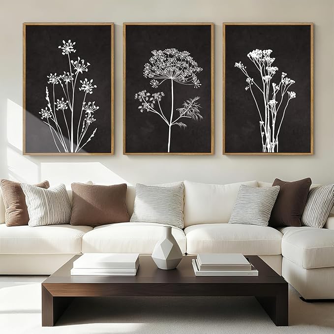 BINCUE Framed Botanical Wall Art Black Grey and White Plant Floral Print Canvas for Living Room Bedroom Office 3 Panel 16x24 Inches