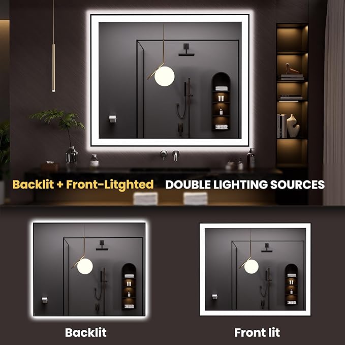 LOAAO 48"X40" LED Bathroom Mirror Black Framed, Anti-Fog, Dimmable, Lighted Bathroom Vanity Mirror for Wall, Memory Function, Tempered Glass