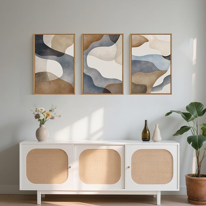 Large Abstract Watercolor Block Framed Canvas Wall Art,Colorful Neutral Geometric Wall Decor,Beige Blue and Brown Artwork,Modern Minimalist Line Art Print for Living Room,Bedroom- 24"x36"x3