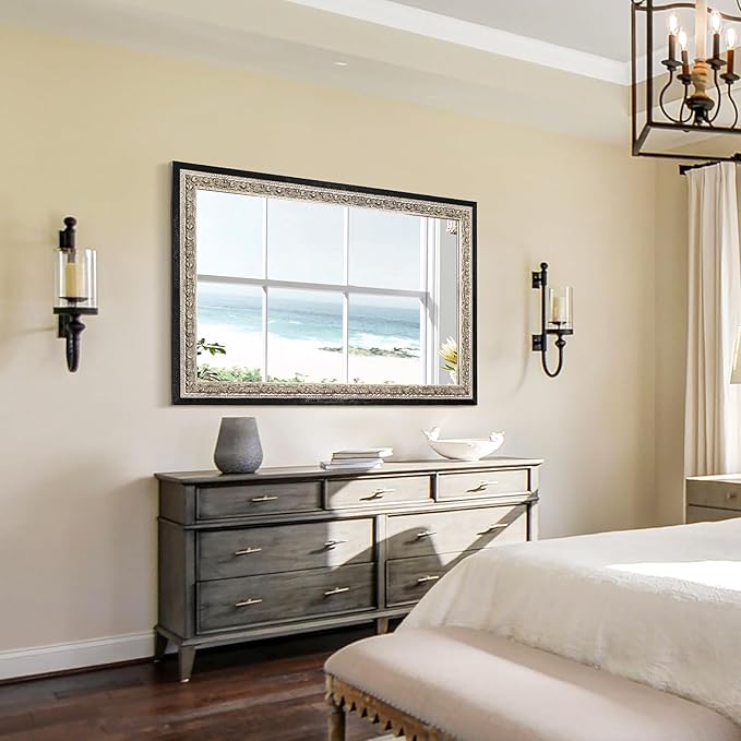 Large Vintage Wall Mirror for Vanity, 40"x28", Black Antique Mirror with Silver Foil Flower Petal Carvings Wooden Frame for Living Room, Entryway, Bathroom and Bedroom