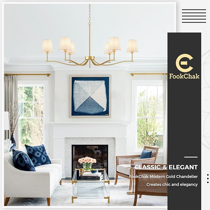 6 Light Brass Gold Chandelier with White Fabric Shade 44'' Linen Dining Room Chandeliers Over Table Kitchen Chandeliers Light Fixture for Living Room Bedroom Entryway Home Office