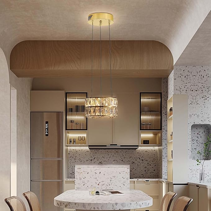 Led 7.8" Gold Ring Crystal Chandelier, Modern Dimmable Chandeliers Lighting and Hanging Adjustable, LED Round Ceiling Light Fixtures for Dining Room Living Room