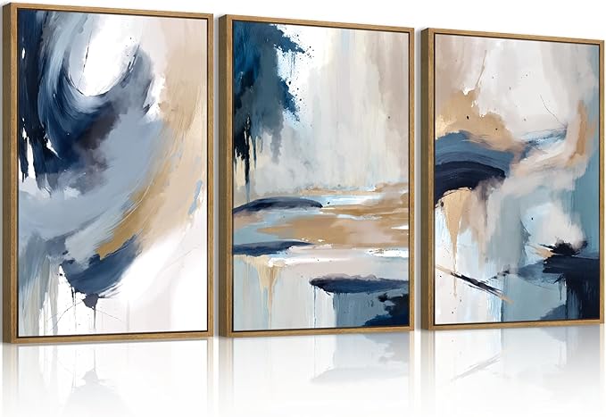 Anyzal Large Blue Abstract Wall Art Framed Modern Artwork Neutral Wall Decor for Living Room Bedroom Office 24X36 Inch Set of 3