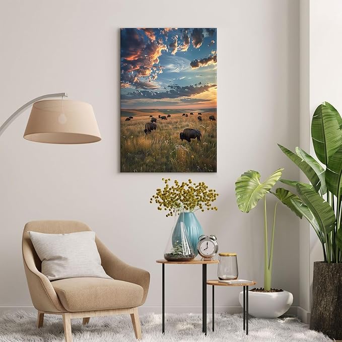 Large Landscape Wall Art Cow Pictures Wall Decor Tallgrass Prairie Scenic Canvas Prints for Living Room Decor Sunset Nature Scenery Poster Bisons Painting Artwork for Office Home Decorations 24x36"