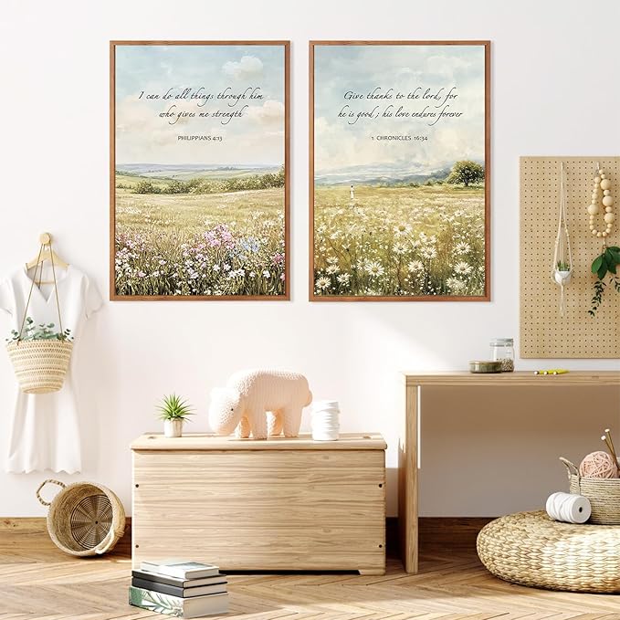 LHIUEM Christian Flowers Framed Canvas Wall Art,Vintage Bible Verse Wall Decor,Religious Jesus Prints,Natural Scripture Artwork for Living Room,Bedroom,Dining Room -16"x24"x3