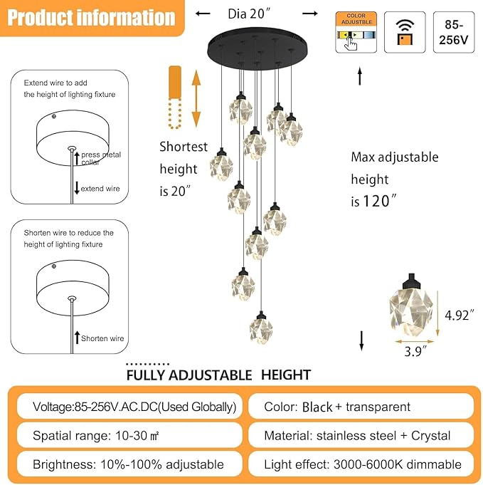 10-Lights Crystal Chandeliers for Living Room 120 inches Black Long Staircase Chandelier Foyer Entrance Crystal Ceiling Chandeliers LED Dimmable 3000-6000K