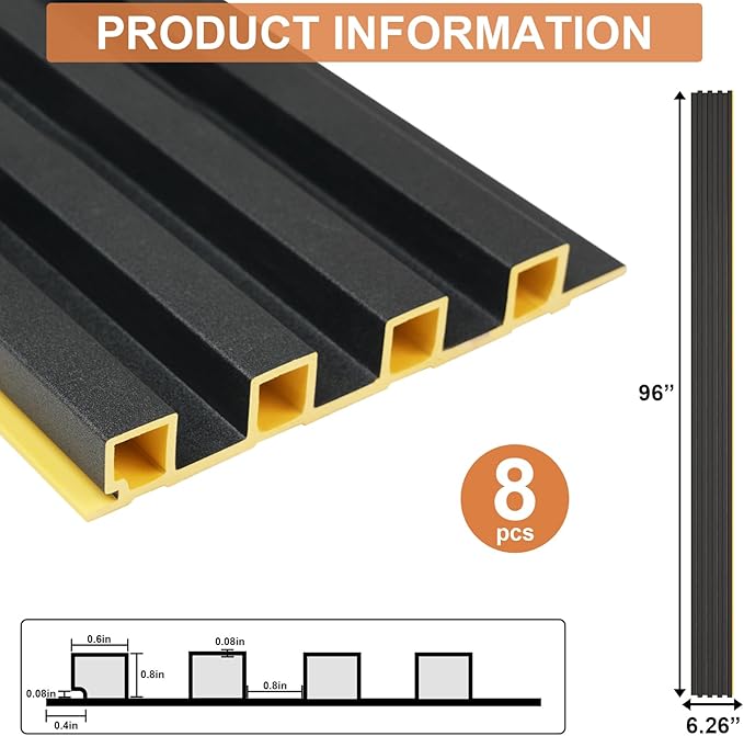 8-Pack WPC Slat Wall Panels, 96 x 6.6 in Decorative Acoustic Slats 3D Wall Panels, Water-Proof and Easy Installation, Black