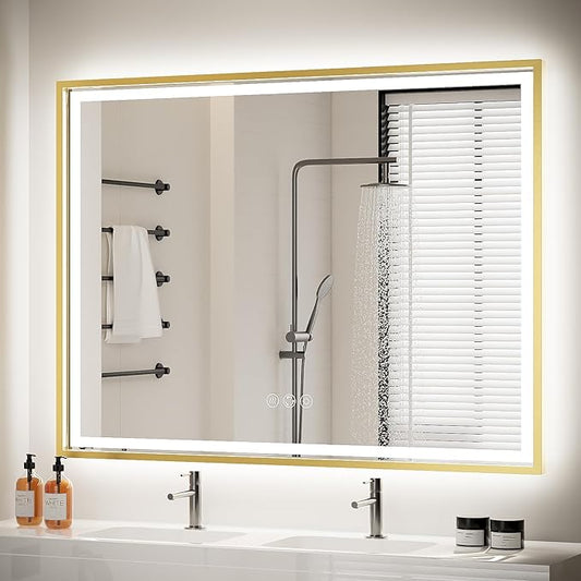48X30 Inch Led Bathroom Mirror,Front and Backlit Lighted Mirror,Gold Metal Frame Vanity Light Mirror for Wall,Double Lights Strips,Anti Fog Stepless 3 Colors Temperature & Dimmable