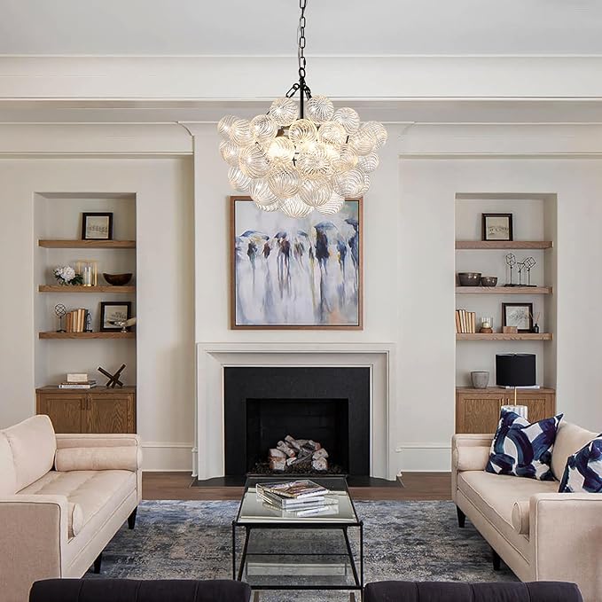 Nordic Bubble Ball Swirled Modern Chandelier,Dia 20 Inch Bubble Chandelier Lighting, Black and Clear Glass Chandelier,for Bedroom Study Restaurant