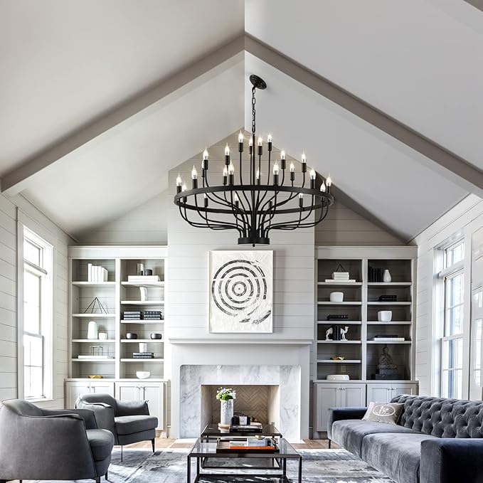 Black Chandelier 24 Light, Modern Farmhouse Chandelier for Dining Room, Round Industrial Candle Chandeliers Light, Wagon Wheel Chandelier 39in 3-Tier for Hallway, Living Room, Foyer, Island Lights