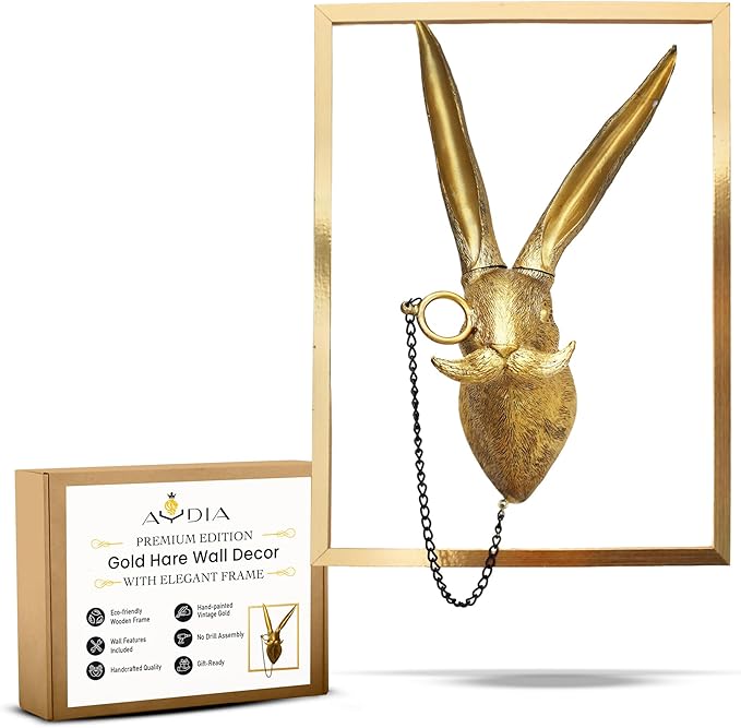 AYDIA Vintage Gold Animal Head Wall Decor, Faux Rabbit Head, Rabbit with Glasses, Vintage Wall Decor, 3D Sculpture, Gift Ready, Home Decor Art for Living Room, Office, Bedroom.