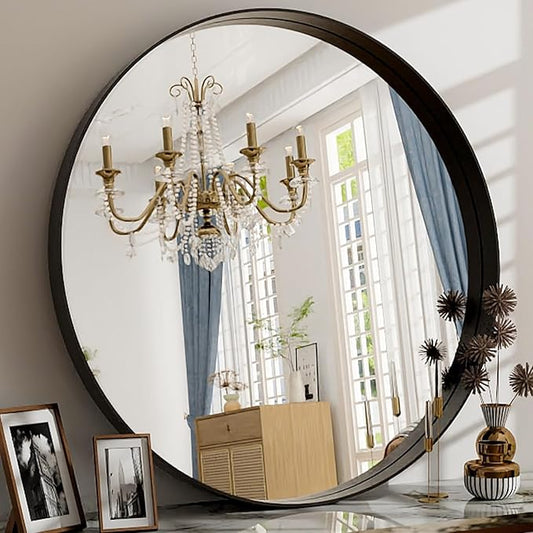 32 Inch Round Bathroom Mirror - Wall Mounted Circle Mirror with Metal Frame, Modern Home Suitable for Bathroom, Vanity, Entryway, Living Room, Wall Decor,Black