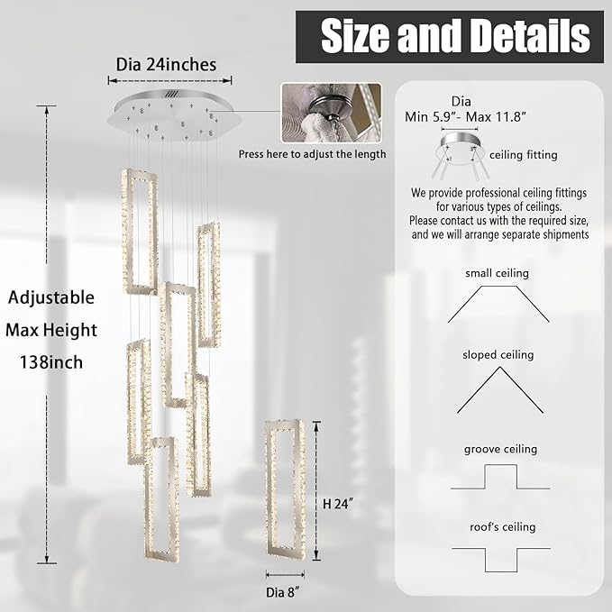 Modern Chandelier 6 Rings Silver Chandelier Lighting Fixture High Ceiling Chandelier Suitable for Living Room Staircase Villa