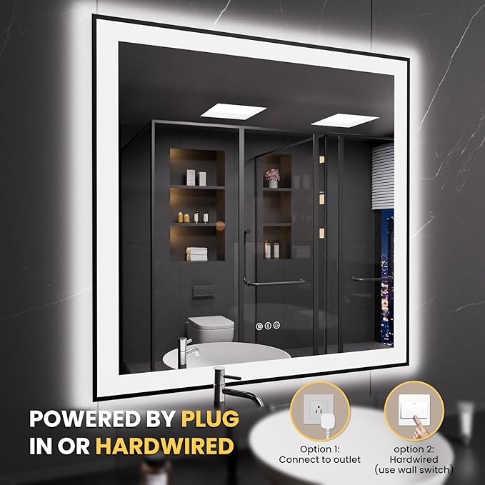 LOAAO 38"X38" LED Bathroom Mirror Black Framed, Anti-Fog, Dimmable, Lighted Bathroom Vanity Mirror for Wall, Memory Function, Tempered Glass