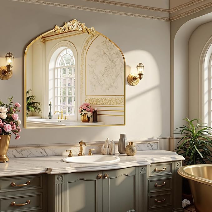 MISSDAY Vintage Arched Baroque Mirror for Wall, 36"X30" Antique Wall Mirror with Elegant Carving Top, Full Metal Frame Wall-Mounted Mirror for Bathroom, Living Room, Fireplace, Entryway, Hallway, Gold