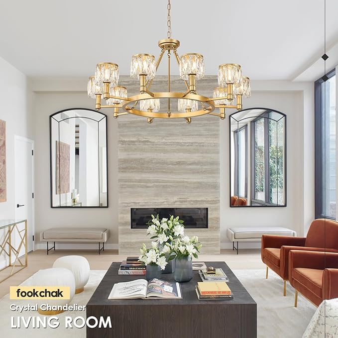 10-Light Crystal Glass Chandelier Round 38" Gold Wagon Wheel Chandelier Modern Crystal Entry Light Fixture with Adjustable Chain for Dining Room Foyer Bedroom