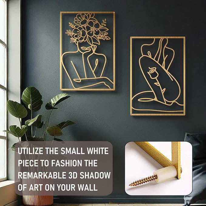 Bakovity Gold Metal Wall Art, Abstract Flower Line Sculpture, Gold Minimalist Modern Wall Decor for Living Room, Bedroom, Bathroom (4 Pieces, 17 x 12 Inches)