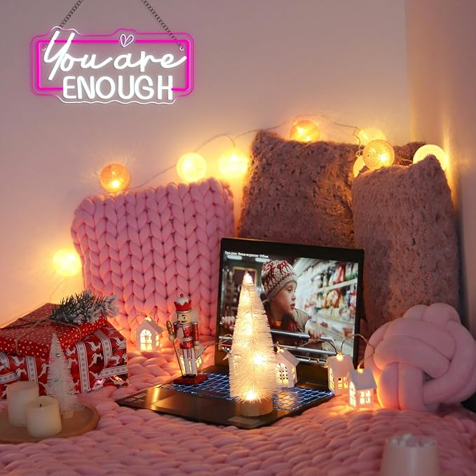 Lucunstar You Are Enough Neon Sign for Wall Decor Neon Pink Light Up Classroom Motivational Wall Decor LED Letter Book Lights Sign for College Room Reading Library Inspirational Gifts for Women Student