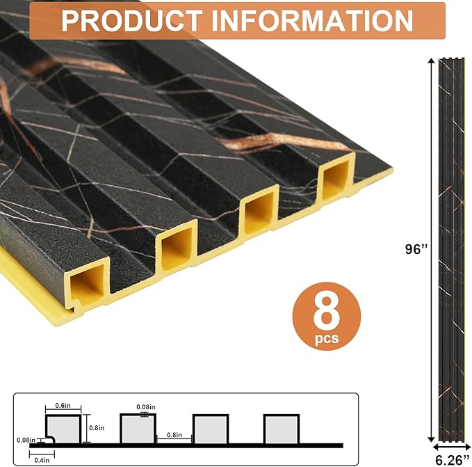 8-Pack WPC Slat Wall Panels, 96 x 6.6 in Decorative Acoustic Slats 3D Wall Panels, Water-Proof and Easy Installation, Granite