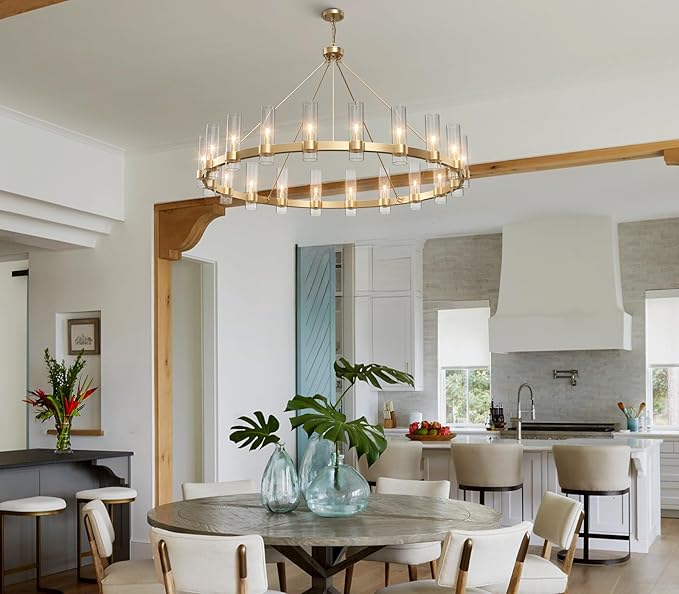 60" Gold Wagon Wheel Chandelier, Large 20-Light Farmhouse Round Pendant Light Fixture with Glass Shade, Hanging High Ceilings Chandeliers for Dining Room Kitchen Foyer Entryway Living Room