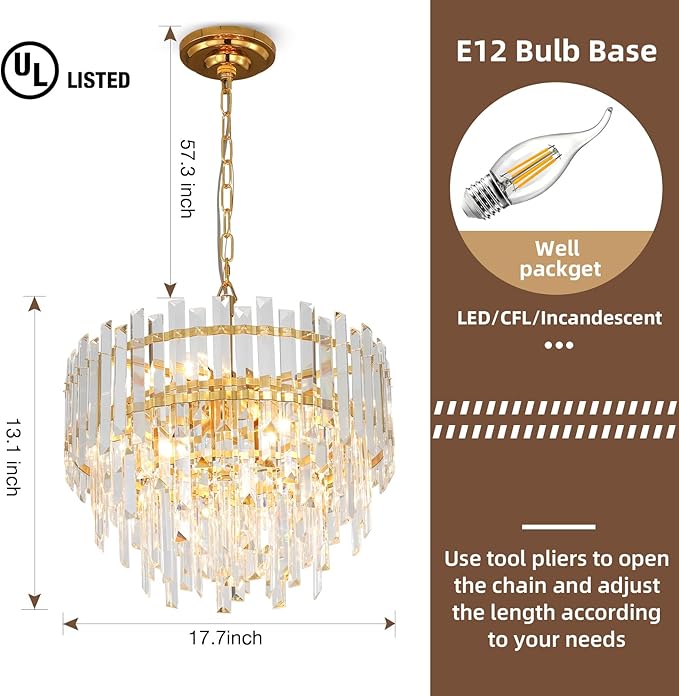 17.6" Modern Crystal Chandelier, 3-Tier Gold Pendant Light with 6 Lights, Luxury K9 Crystal Ceiling Fixture for Dining Room Living Room Foyer