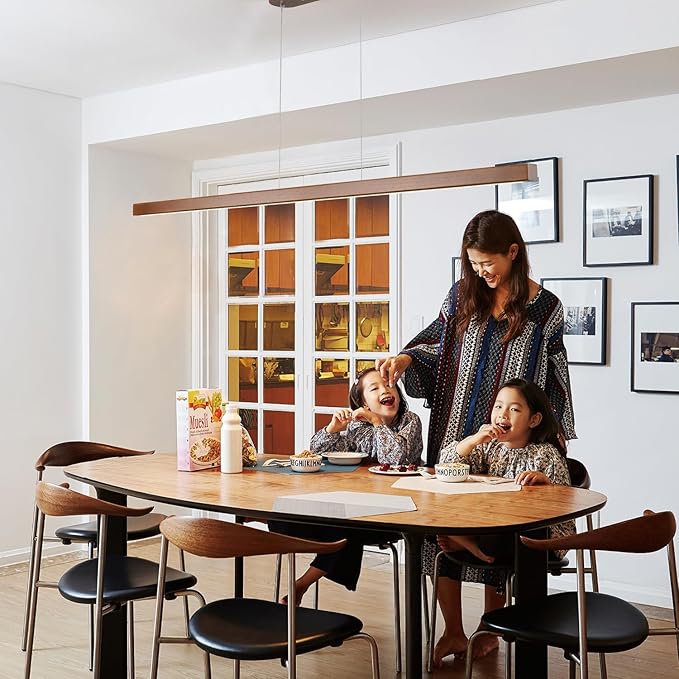 47" Wood Linear Pendant Light Fixtures Modern Led 36w Dimmable Pendant Lighting Ceiling Hanging Lights Wood Linear Chandeliers for Kitchen Island Dining Room Pool Table Walnut Color