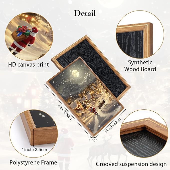 CHDITB Christmas Village Wall Art Set Of 3, Santa Claus and Reindeer Wall Decor, Moonlit Winter Artwork, Xmas Snowy Landscape Painting, Vintage Christmas Decor for Living Room Bedroom Fireplace 16"x24"