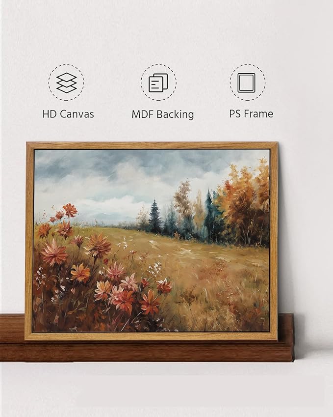 KISSFOX Vintage Fall Countryside Framed Wall Art Autumn Wildflower Forest Landscape Canvas Art Farmhouse Floral Golden Fields Paintings Artwork Rustic Serene Art Prints For Kitchen Living room Bedroom