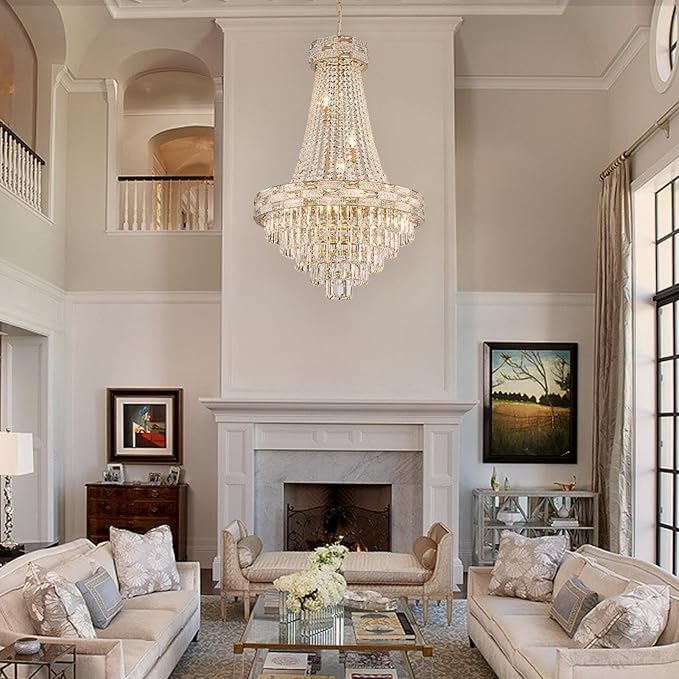 12-Light Gold Crystal Chandeliers,Empire Chandelier Light Fixture Modern High Ceiling Hanging Chandelier for Entryway,Foyer,Staircase,Hallway,Living Room(H36 x D23.2)