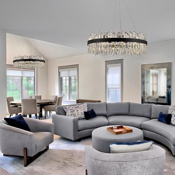 Black Modern Oval Crystal Chandelier, 24-Lights Luxury Chandeliers 2-Tiers K9 Crystal Chandelier Pendant, Light Fixture G9 Lights for Dining Living Room Entryway Kitchen Dia 30 inch