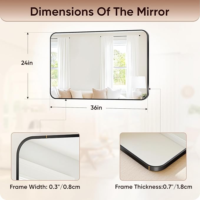 Antok Wall Mirror, 24"x36" Bathroom Vanity Mirror, Anti-Rust HD Tempered Glass, Wall Mounted Mirrors for Living Room, Entryway, Black Frame, Rect