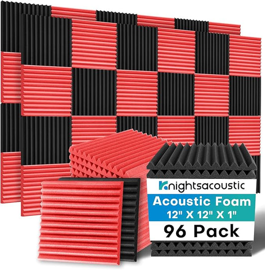 96 Pack Sound Proof Foam Panels for Walls, 1 X 12 X 12 Inches Acoustic Foam Panels, High Density Acoustic Panels Sound Absorbing, Noise Cancelling Studio Wedges Red + Black (NOT INCLUDE ADHESIVE)