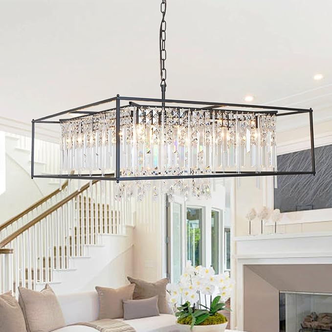 Modern Black Crystal Chandelier, 12-Light Square Pendant Lighting Fixture for Kitchen Island, Dining Room, or Living Room – Elegant Large Ceiling Light for Bedroom and Foyer (35.5")
