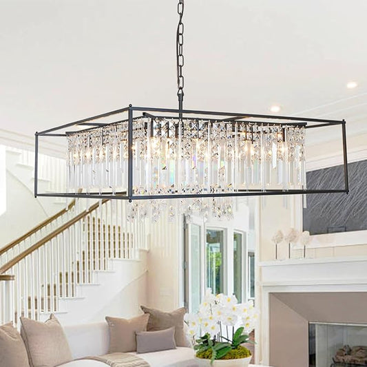 Modern Black Crystal Chandelier, 12-Light Square Pendant Lighting Fixture for Kitchen Island, Dining Room, or Living Room – Elegant Large Ceiling Light for Bedroom and Foyer (35.5")