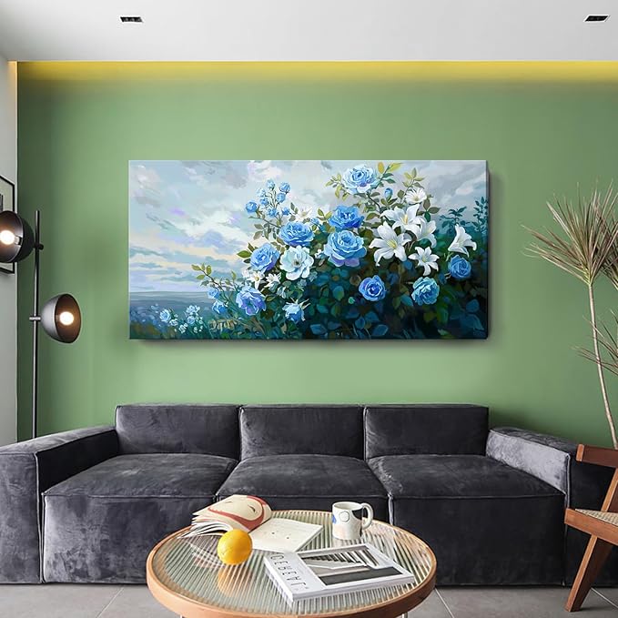 Nicetop Extra Large Floral Canvas Art for Living Room – Elegant Botanical Wall Picture with White Lilies, Blue Roses & Green Leaves – Horizontal Nature Artwork for Bedroom, Office, Kitchen, 58x29 Inch