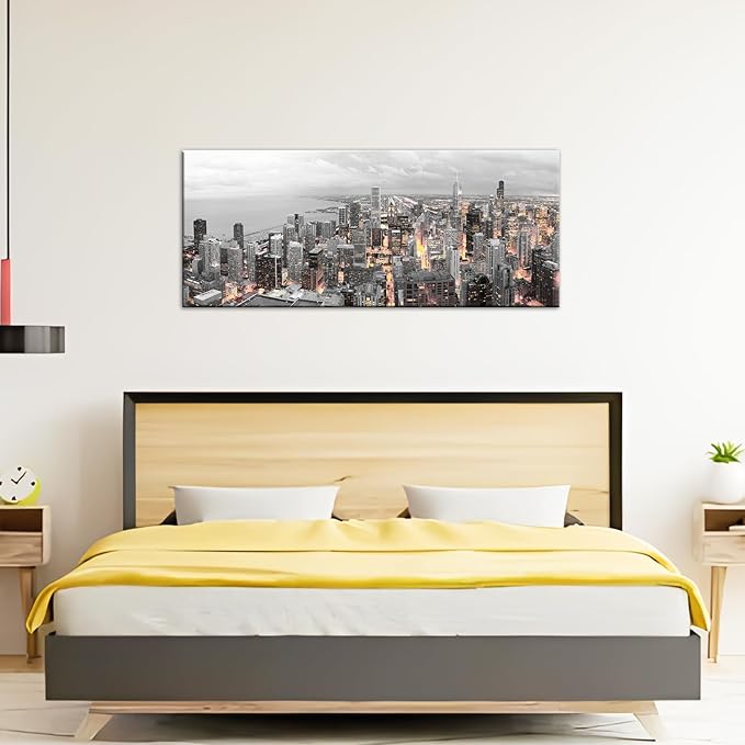 Conipit Black and White Canvas Wall Art Chicago Skyline Cityscape Canvas Print Chicago Panorama Picture Prints Framed for Living Room Bedroom Office Decor 20''X48''