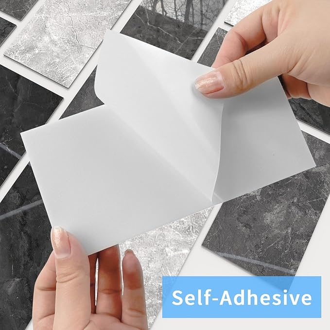 16-Pack Peel and Stick Marble Wall Tiles, Waterproof 4" x 8" Glossy Imitation Gentleman Gray Marble, PVC Shower Wall Panels for Kitchen, Bathroom & Fireplace