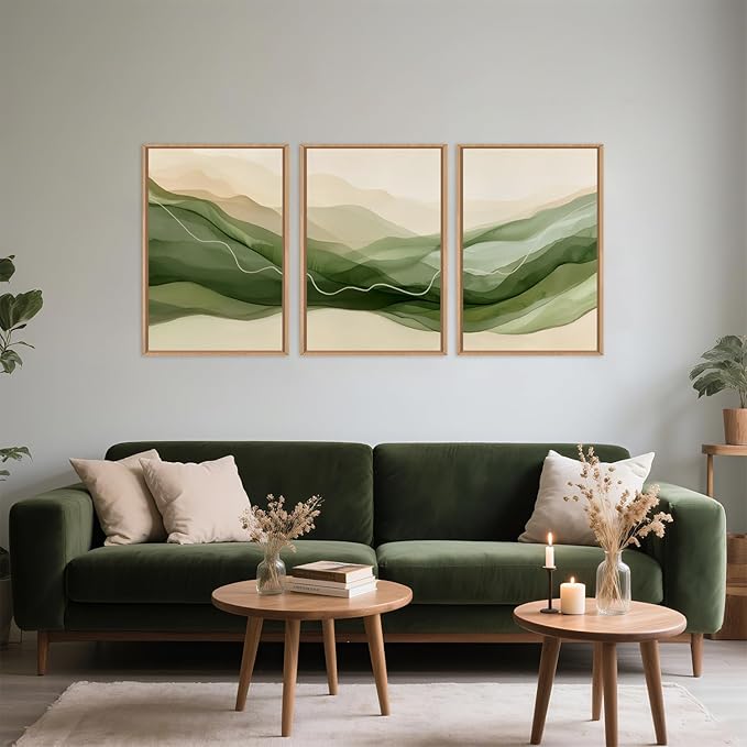 Large Abstract Smoke Waves Framed Canvas Wall Art Set,Ink Minimalist Green Beige Wall Decor,Watercolor Modern Neutral Lines Artwork for Living Room,Bedroom,Office-24 x36 x3