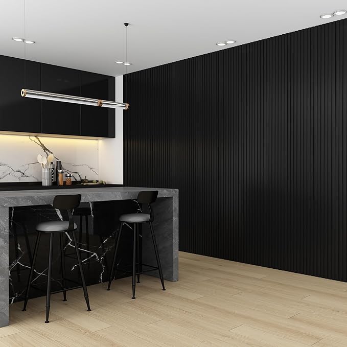 8-Pack WPC Wall Panels 118’’ x 6.3’’ 3D Slat Wall Panel Acoustic Wall Paneling for Interior Wall Decor TV Background Kitchen Bedroom Black