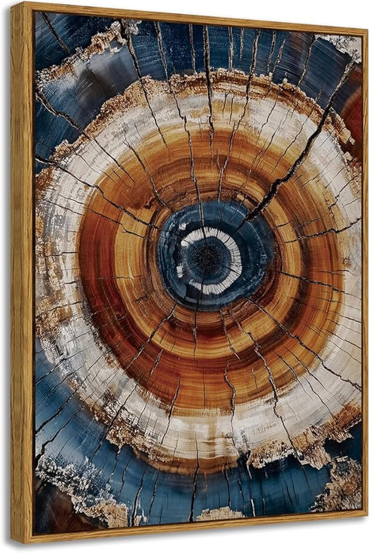 BingruiArt Framed Tree Ring Canvas Wall Art Abstract Wood Wall Decor Boho Modern Colorful Nature Painting Wood Stump Prints Pictures for Living Room Bedroom Bathroom Office 12"x16" Natural Framed(05)