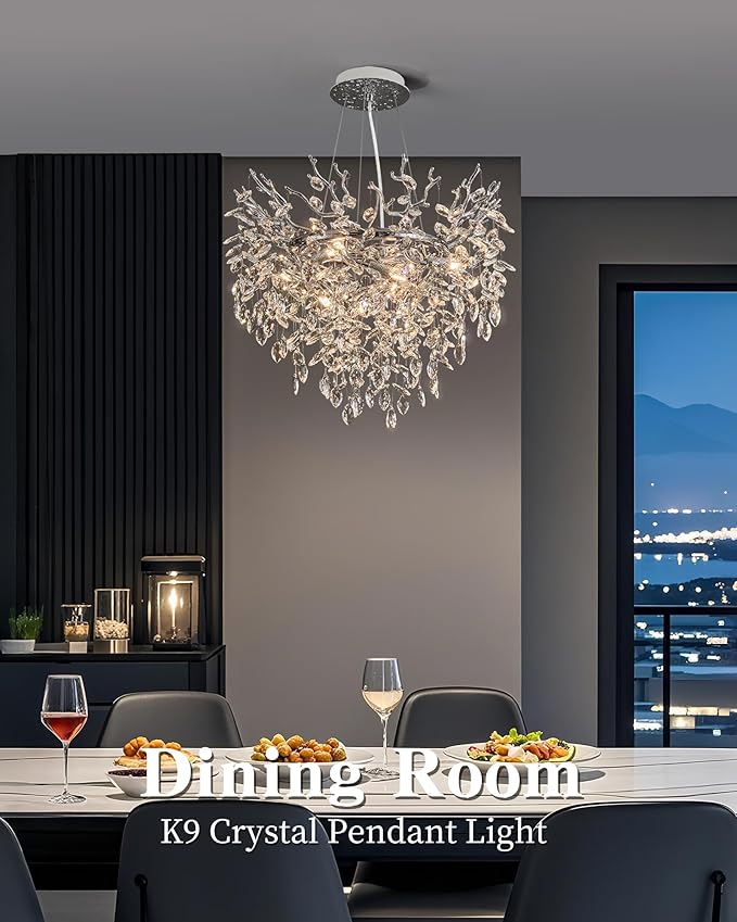 Modern Crystal Chandelier for Dining Room, 23.62" Chrome Tree Branch Chandeliers, 8-Light Luxury K9 Crystal Round Chandeliers for Kitchen Island Living Room