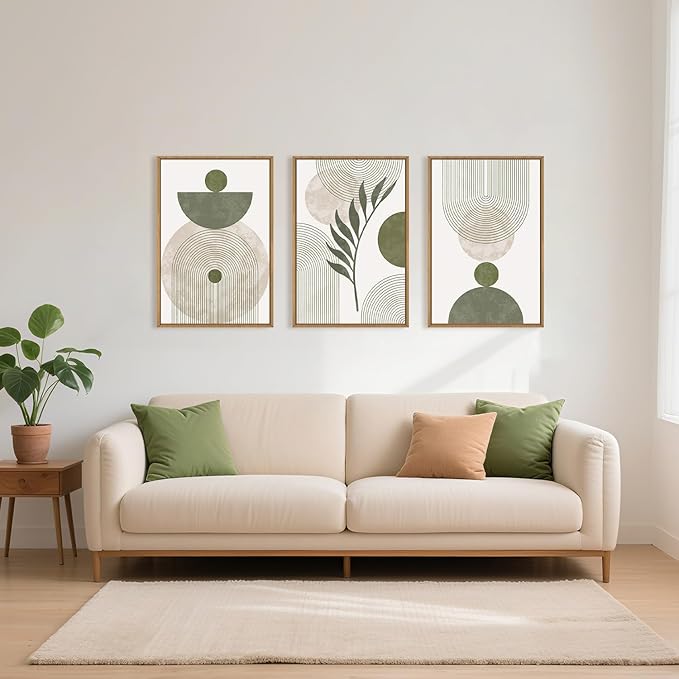 Large Sage Green Boho Botanical Framed Canvas Wall Art Set,Abstract Minimalist Beige and Green Wall Decor,Modern Geometric Leaf Line Boho Artwork for Living Room,Bedroom,Office-24 x36 x3
