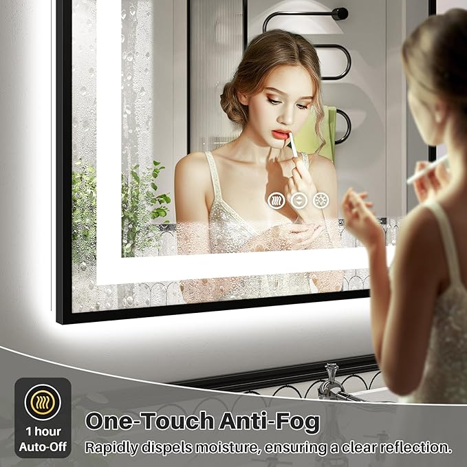 55x40 Inch LED Bathroom Mirror with Black Frame, Backlit & Front Lit, Anti-Fog Lighted Bathroom Vanity Mirror for Wall, Memory Function, Dimmable, HD Tempered Glass, Shatter-Proof