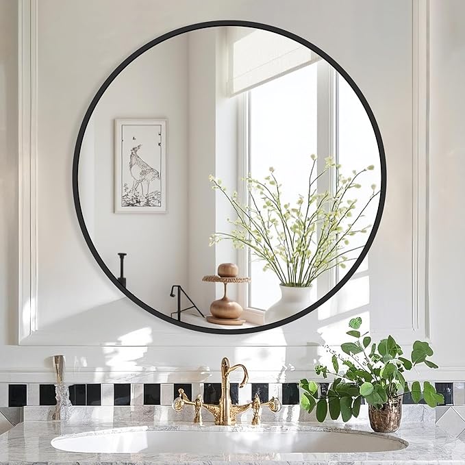 Black Frame Mirror, Bathroom Mirrors for Wall,26'' Round Circle Mirror for Entryway Bedroom Vanity(26'',Black)