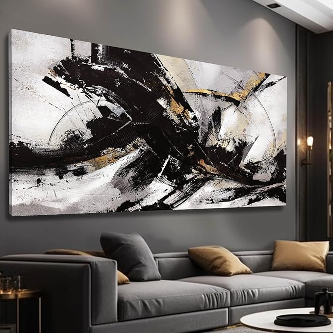 Abstract Wall Art for Living Room Canvas Wall Decor Large Artwork Black And Gold Wall Decorations Black Pictures for Wall 29"x58"
