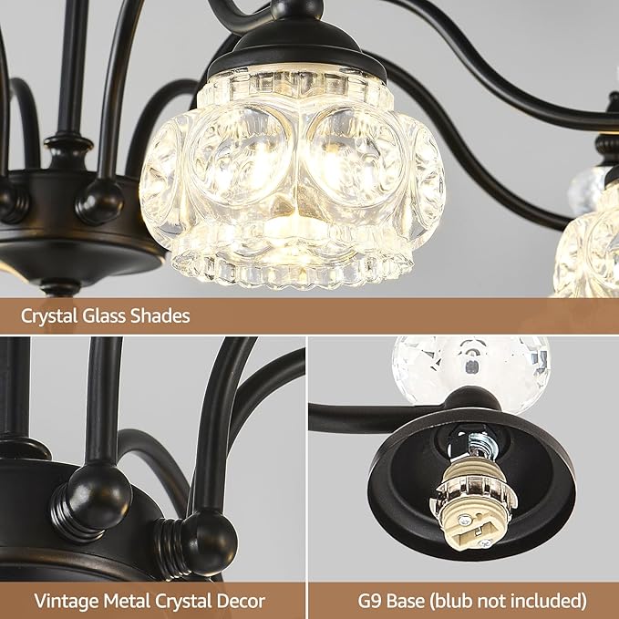 2 Tier Vintage Crystal Chandelier, 41-inch Black Victorian Chandelier 12-Light, Antique Pendant Light for Living Room, Bedroom, Dining Room, High Ceiling, G9