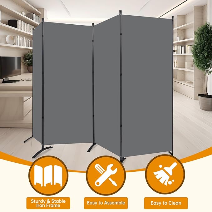 4 Panel Folding Privacy Screens, 6 FT Tall Wall Divider with Metal Frame, Freestanding Room Divider for Office Bedroom Study (4 Panel, Grey)