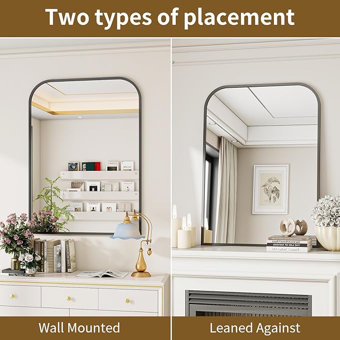 Black Wall Mounted Bathroom Mirror - 36 x 24 Inch Round Cruved Top Right Angle Bottom Wall Mirror, Aluminum Metal Framed, Decor for Living Room, Bedroom, Fireplace, Mantle, Entryway